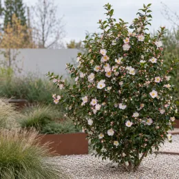 Camelia 'Yoimachi' (Camelia sasanqua) — arbuste fleuri isolé sur graviers clairs · Photo d'illustration