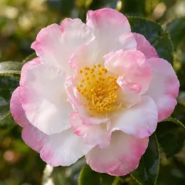 Camélia d'automne 'Rainbow blanc rose' (Camellia sasanqua) — fleur bicolore blanche bord rose en gros plan · Photo d'illustration