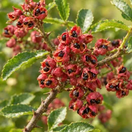 Poivre du sichuan (Zanthoxylum beecheyanum) — grappes de capsules rouges ouvertes aux graines noires · Photo d'illustration