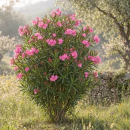 Laurier Rose (rose) (Nerium oleander) — arbuste aux nombreuses fleurs roses dans un pré · Photo d'illustration