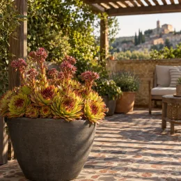 Joubarbe jaune orangé 'Gold mine' (Sempervivum) — succulentes jaunes bordées de rouge sur terrasse ensoleillée · Photo d'illustration