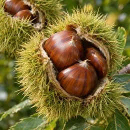 Châtaigner 'Marradi' (Castanea marron) — gros plan de bogue ouverte laissant voir les fruits