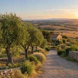 Olivier de l’herault 'Verdale de l'hérault' (Olea europaea) — alignement d'arbres le long d'un chemin rural · Photo d'illustration