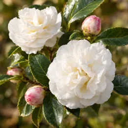 Camelia 'Fuji no yuki' (Camelia sasanqua) — fleurs blanches doubles avec boutons rosés · Photo d'illustration