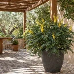 Mahonia 'Softcaress' (Mahonia eyrybracteata) — grand arbuste fleuri en pot sur terrasse · Photo d'illustration