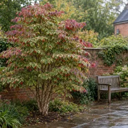 Cornouiller du japon 'Samaritan' (Cornus kousa) — arbuste panaché près d’un banc de jardin · Photo d'illustration