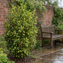 Fusain du japon 'Duc d anjou' (Euonymus japonicus) — arbuste au feuillage panaché près d un banc