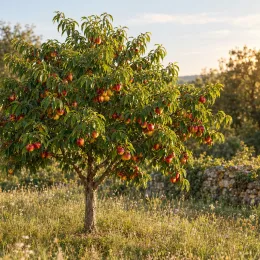 Nectarinier 'Nectared 4' (Prunus persica) — arbre fruitier isolé chargé de fruits colorés · Photo d'illustration