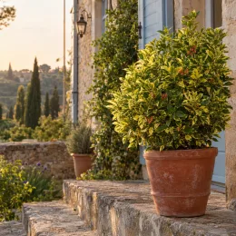 Fusain du japon 'Elegantissima aurea' (Euonymus japonicus) — arbuste dense en pot sur terrasse en pierre