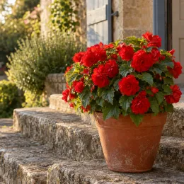 Bégonia 'Non stop ecarlate' (Begonia) — plante fleurie rouge en pot sur marches