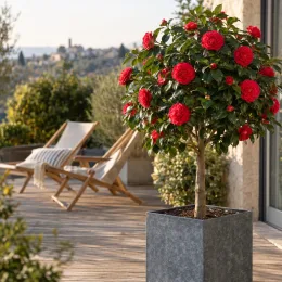 Camelia 'Rouge' (Camelia japonica) — arbuste fleuri en pot sur terrasse en bois · Photo d'illustration