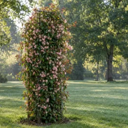 Jasmin étoilé jaune 'Pink showers' (Trachelospermum asiaticum) — plante grimpante fleurie sur support cylindrique au jardin · Photo d'illustration