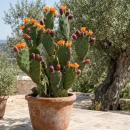 Oponce à fleurs oranges (Opuntia elata) — cactus dressé en pot avec nombreuses fleurs orange