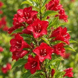 Weigelia 'Red prince' — grappe de fleurs rouges sur feuillage vert