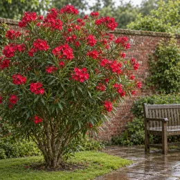 Laurier rose (rouge) — grand arbuste aux fleurs rouges près d’un banc · Photo d'illustration