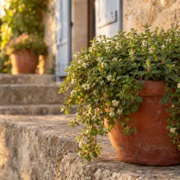 Verveine sucrante (Lippia dulcis) — plante retombante en pot sur marches en pierre · Photo d'illustration