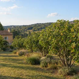 Figuier 'Jannot' (Ficus carica) — rangée d’arbres fruitiers devant maison en pierre
