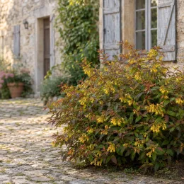 Diervillée (Diervilla × splendens) — arbuste fleuri près d’une façade en pierre · Photo d'illustration