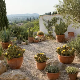 Figuier de barbarie 'Rufida' (Opuntia) — cactus en pots sur terrasse de jardin méditerranéen