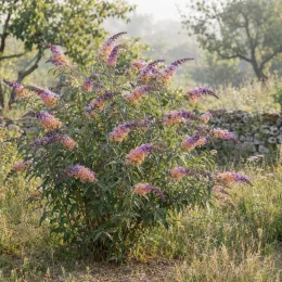 Arbre aux papillons 'Bicolore' (Buddleia × weyeriana) — grand arbuste fleuri bicolore dans jardin naturel