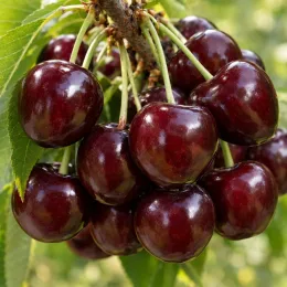 Cerisier 'Stella' (Prunus avium) — grappe de gros fruits rouges brillants