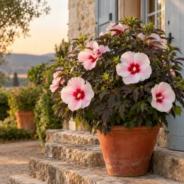 Hibiscus des marais 'Jolly heart' (Hibiscus moscheutos) — grand plant fleuri en pot sur terrasse ensoleillée · Photo d'illustration