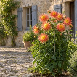 Vivace estivale 'Nancy' (Dahlia) — touffe de grandes fleurs bicolores devant maison · Photo d'illustration