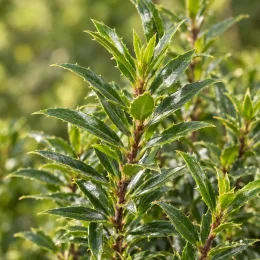 Houx commun 'Myrtifolia' (Ilex aquifolium) — rameaux denses au feuillage étroit et luisant · Photo d'illustration