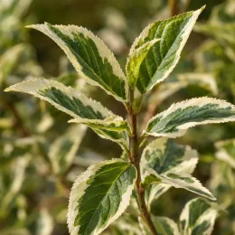 Weigelia 'Nana variegata' (Weigela floribunda) — feuillage panaché vert et crème en gros plan