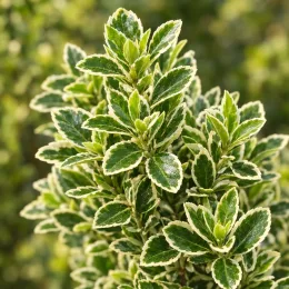 Fusain du japon 'Micro albovariegatus' (Euonymus japonicus) — gros plan sur feuillage dense panaché vert et crème · Photo d'illustration