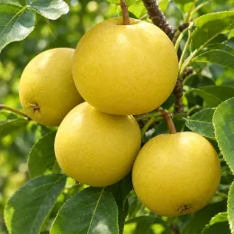 Nashi 'Shin seiki' (Pyrus pyrifolia) — gros plan sur quatre fruits ronds jaunes