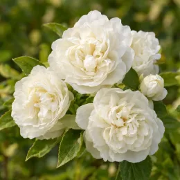 Seringat 'Manteau d'hermine' (Philadelphus) — gros plan de fleurs doubles blanches ouvertes