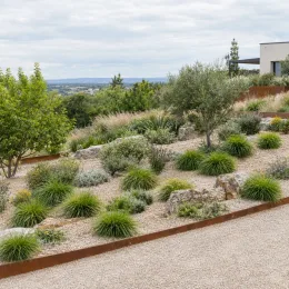 Lomandra 'Tanika' (Lomandra longifolia) — massif de graminées ornementales sur talus gravillonné · Photo d'illustration