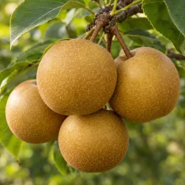 Poirier 'Nashi' (Pyrus pyrifolia) — gros fruits ronds bruns sur branche feuillue
