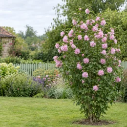 Althéa 'French cabaret pink' (Hibiscus syriacus) — arbuste fleuri isolé dans un jardin