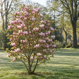 Magnolia 'George henry kern' — arbre ornemental couvert de grandes fleurs roses