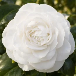 Camelia 'Satsuma' (Camelia japonica) — gros plan de fleur blanche épanouie · Photo d'illustration
