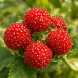 Framboisier fraise (Rubus illecebrosus) — gros plan de cinq fruits rouges ronds · Photo d'illustration