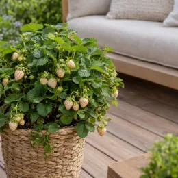 Fraisier ananas 'White dream' (Fragaria × ananassa) — plant en pot tressé avec nombreux fruits blancs · Photo d'illustration