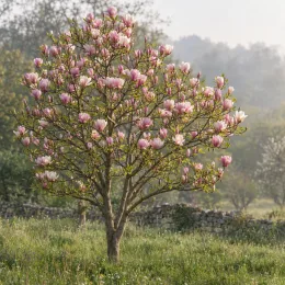Magnolia de soulange 'Alexandrina' (Magnolia soulangeana) — arbre isolé couvert de grandes fleurs roses