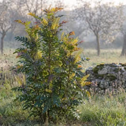 Mahonia 'Hivernant' (Mahonia japonica) — arbuste dressé au feuillage luisant, grappes florales et baies