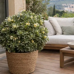 Pittosporum de chine 'Nanum variegatum' (Pittosporum tobira) — arbuste dense au feuillage panaché, terrasse aménagée