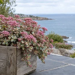 Orpin de siebold panaché 'Mediovariegatum' (Sedum sieboldii) — plante fleurie panachée en bac bois au bord de mer · Photo d'illustration