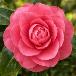 Camelia 'Spring formal' (Camelia japonica) — gros plan sur une fleur rose épanouie · Photo d'illustration