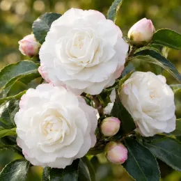 Camelia 'Early pearly' (Camelia sasanqua) — gros plan de fleurs doubles blanches et boutons · Photo d'illustration