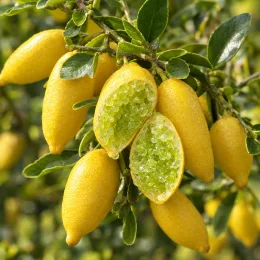 Citronnier caviar 'Faustrime' (Citrus australasica) — fruits allongés jaunes avec intérieur perlé, gros plan