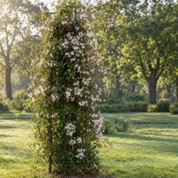 Jasmin blanc 'Night mormin' (Jasminum) — plante grimpante fleurie sur support métallique au jardin · Photo d'illustration