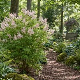 Fausse spirée à feuilles de sorbier 'Pink hopi' (Sorbaria sorbifolia) — arbuste fleuri au bord d’un chemin forestier · Photo d'illustration