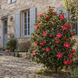 Camélia du japon 'Mary williams rouge' (Camellia japonica) — arbuste fleuri près d’une maison en pierre · Photo d'illustration