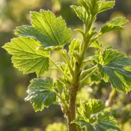 Casseillier josta 'Josta' (Ribes × nidigrolaria) — jeunes feuilles vertes nervurées en gros plan · Photo d'illustration